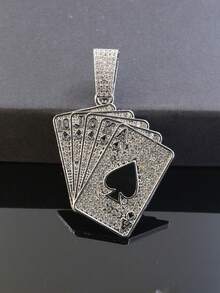 Conjunto de collar con colgante de póker con diamantes de imitación estilo real y reloj con esfera azul completamente cubierto de diamantes de imitación, estilo punk para hombres, joyería a juego de rapero de hip hop - Azul - Ver 5