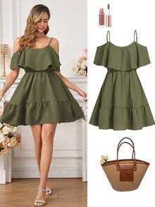 Vestido mini elegante de alta gama, diseño de hombros descubiertos y corte entallado, ideal para vacaciones, uso diario, reuniones y meriendas - Verde militar - Ver 12