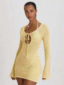 Resort Vestido corto de punto de ganchillo con nudo delantero, ajuste holgado, para cubrir, ideal para vacaciones, verano y viajes a la playa, básico de color sólido para resort - Amarillo claro - Ver 3