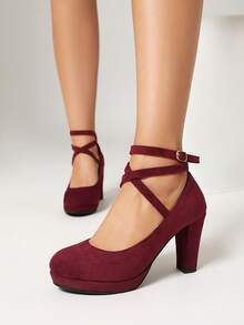 Versatile Chunky Heel Strap Pumps, Round Toe, Solid Color, Suitable For Commuting And Party, Spring/Autumn - Burgundy - View 2