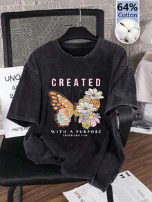 大码女式夏季蝴蝶印花水洗纯色休闲简约复古日常宽松圆领棉质短袖T恤上衣 - 黑色 - 查看 5