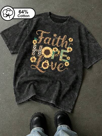 Camiseta vintage lavada con estampado de copos de nieve para mujer talla grande, estilo inspirador, estampado de leopardo, estampado de girasol, cuello redondo, mangas cortas, top casual de verano.