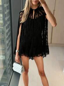 Vestido Mini Mujer con Capa de Encaje Transparente Bordes Eyelash con Forro Desmontable Tirantes Ajustables Lencería Sexy Elegante Fiesta Noche - Negro - Ver 2