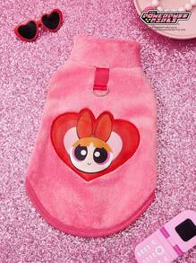 THE POWERPUFF GIRLS X PETSIN 1件绣花大眼女孩爱宠物猫狗通用保暖舒适无袖外套，配玫瑰红牵引扣，秋冬加厚绒毛外套 - 玫紅色 - 查看 2