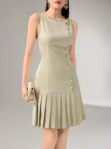Vestido corto elegante de unicolor con dobladillo plisado y sin mangas - Caqui - Ver 7