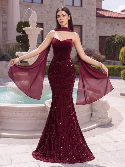  Alisa&Leo Velvet Sequin Prom Dress For Teen GirlHeart-Shaped Strapless Neckline With Chiffon Scarf, Mermaid Silhouette With Full Sequin Skirt - Suitable For Prom, Birthday Party, Wedding, And Formal Events