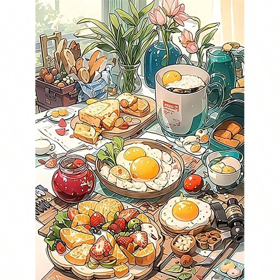 1片 30*40cm 早餐主題全鑽DIY鑽石畫，豐富食物場景(煎蛋/水果/麵包/花朵/餐具)，客廳臥室牆面裝飾，成人與兒童壓力緩解手工藝套裝，創意家居裝飾與手工體驗，適合初學者的節日/生日驚喜禮物