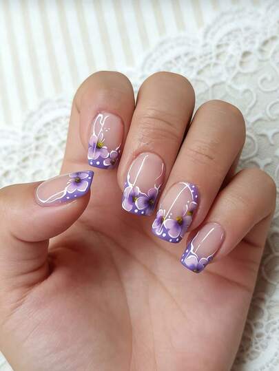 Instantly Upgrade Your Look With 24pcs Medium Square Shape Finger Nails Fashion Elegant Purple French Style Purple White Gradient Flower Gold Pistil Fake Nails Glamour White Dots Purple Peach Fake Nails Full Cover False Nails For Women And Girls Includes Nail Salon With 1 Piece Of Jelly Gel And 1 File Stri Jelly Gel Random Shipment