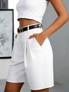 Women's Pleated Pocket Casual Midi Shorts White Summer - White - View 4