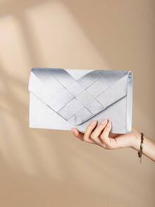 Fashion Satin Trim Evening Clutch Handbag Envelope Shoulder Bag - Silver - View 3