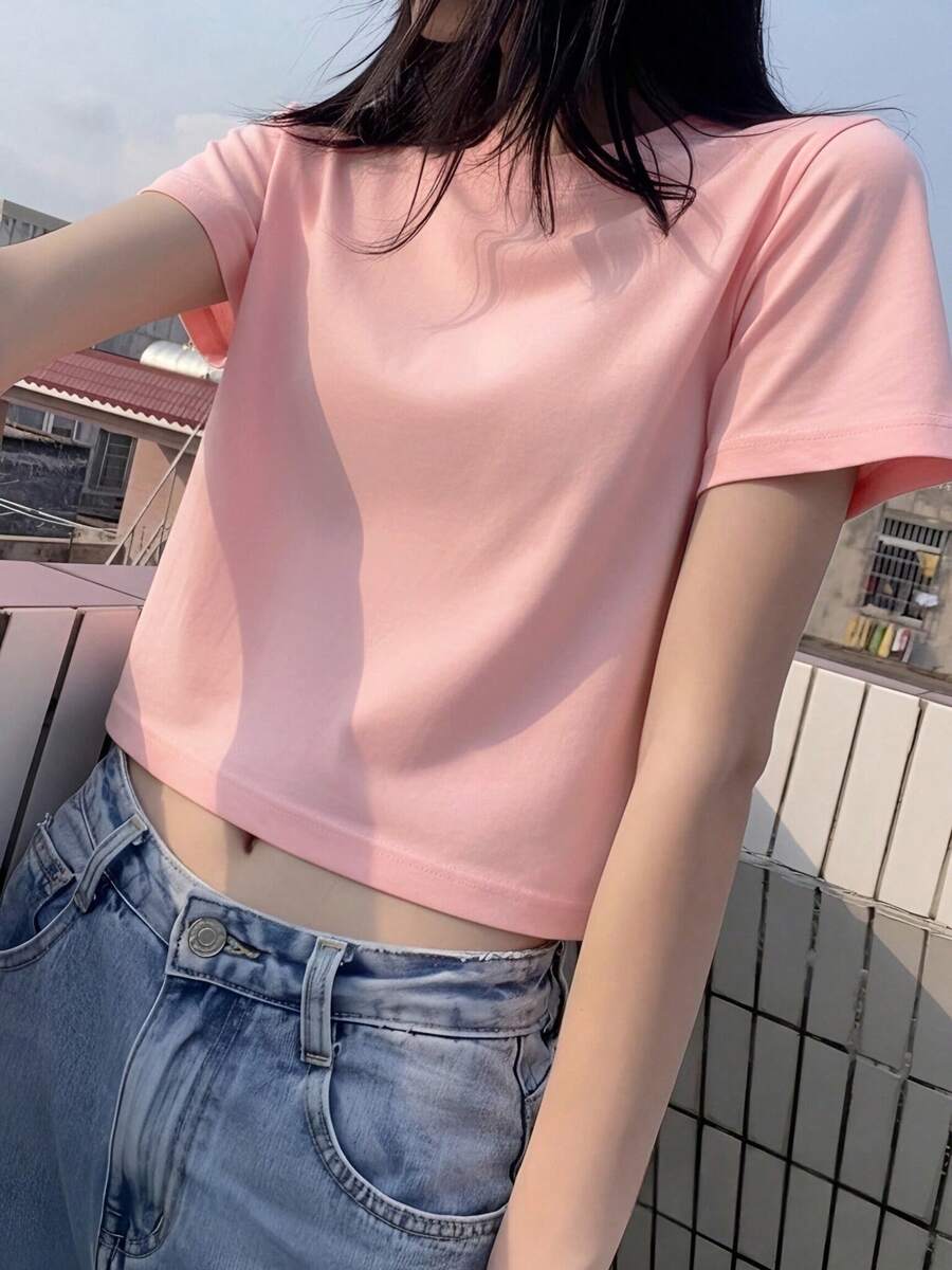 Short Sleeve T-Shirt, Solid Color, New Summer Style, Slim Fit, Versatile Round Neck Top Casual Pink - Pink - View 1