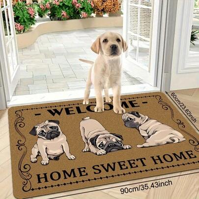 1pc Flannel Sponge Bottom Doorway Welcome Door Mat, Vintage Style Pug Alphabet Element Pattern Printed Floor Mat, Non-Slip And Soft, Suitable For Quick-Drying Kitchen Floor Mat, Bathroom, Laundry Room Restroom Floor Mat, Indoor And Outdoor Entrance