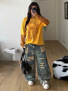 TopstopsCoolane Women's & Men's Spring/Summer Couple Same Style Streetwear Goth Grunge Punk Casual Vintage  Cotton Graphics Comfortable Round Neck Patchwork Brown And Beige Oversized Long Sleeve  T-ShirtLoose And Comfortablesummer Topssummer Tops - 黃色 - 查看 5