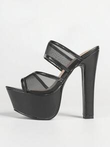 Sandalias de tacón alto de malla para mujer, mulas de moda con tacón alto y grueso para exteriores - Negro - Ver 6