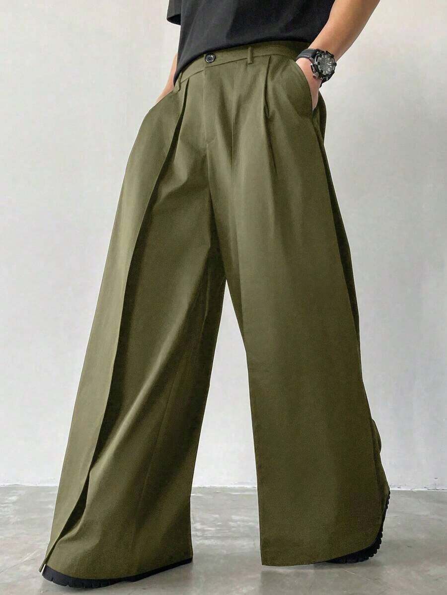 Niche Design Multi-Panel 2 In 1 Men's Loose Japanese Style Oversized Wide Leg Pants, Boyfriend Gifts,Christmas Gifts, Fall - 軍綠色 - 查看 1