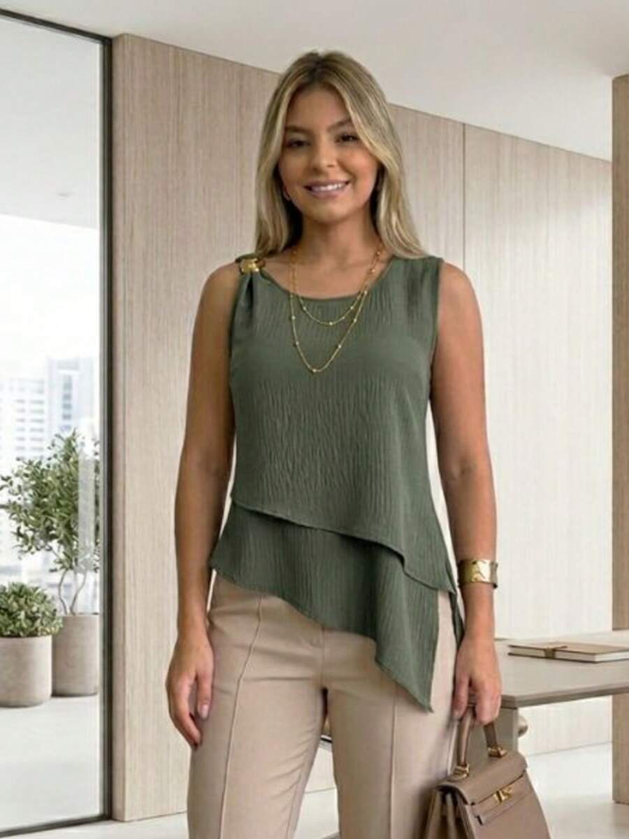 Women's Asymmetrical Blouse In Duna Fabric With Gold Buckle Detail And Side Slit - xanh quân đội - Xem 1