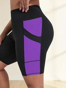 Pantalones cortos de fitness para mujer talla grande primavera/verano nuevos, cintura alta, levantamiento de glúteos, pantalones cortos de ciclismo, pantalones cortos deportivos ajustados, pantalones cortos de yoga de cintura alta, diseño de color en contraste, con bolsillos, adecuados para deportes, correr, fitness y varias ocasiones - Morado - Ver 4