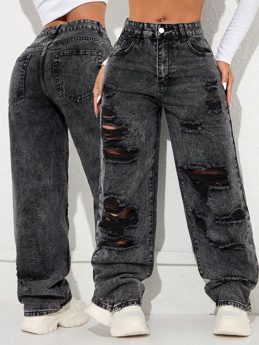 Jeans rectos de cintura alta con bolsillos laterales y abertura, estilo vintage Y2K, casual, color negro, para primavera
