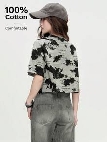 Camiseta de manga corta suelta con cuello redondo y estampado de letras gris verano JUTU, top corto teñido anudado versátil y de moda, informal - 396 ceniza de cemento - Ver 5