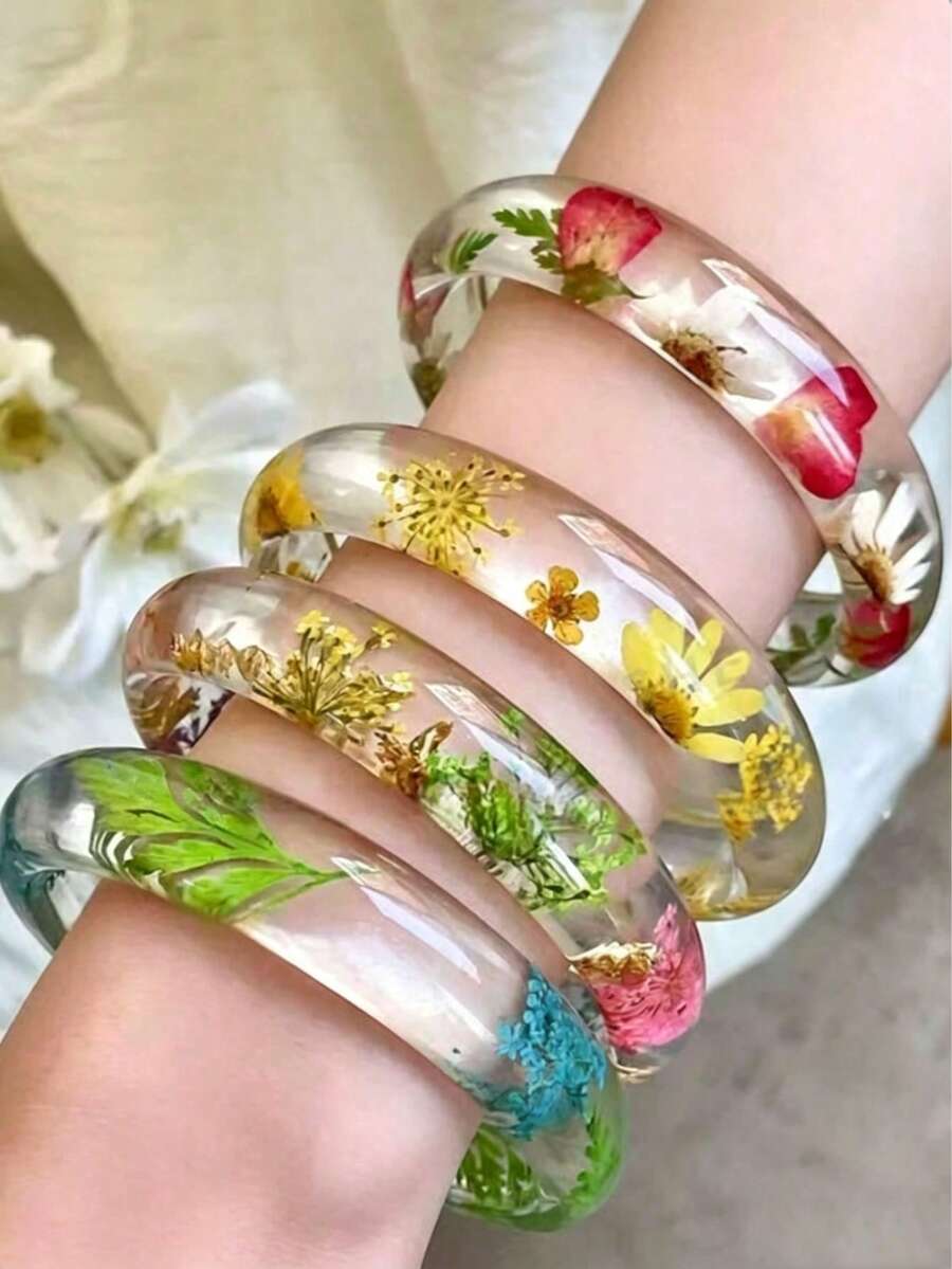 4种颜色可选,度假风,优雅时尚,简约干花树脂透明手链,适合日常街头或海滩旅行穿搭 - 彩色 - 查看 1