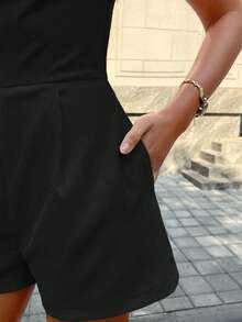 Solid Color One-Shoulder Casual Jumpsuit With Pockets Black Summer - Black - View 9