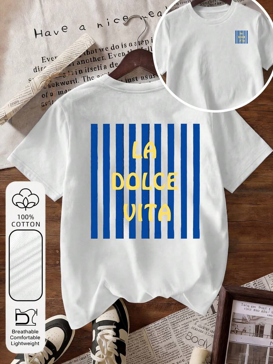 1. Áo nữ thường ngày 100% cotton, cổ tròn, tay ngắn, họa tiết sọc xanh dương, kiểu dáng tối giản mùa hè\N2. Áo thun nữ La Dolce Vita cổ tròn, tay ngắn, họa tiết sọc xanh dương và vàng, kiểu dáng tối giản, thích hợp cho kỳ nghỉ hè, đi biển. - trắng - Xem 1
