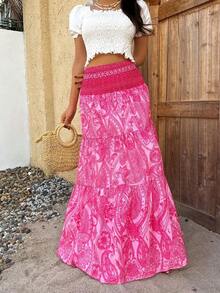 Falda larga bohemia para mujer con estampado paisley.Diseño de cinturilla elástica fruncida y volantes escalonados en capas.Estilo casual y versátil, ideal para vacaciones y uso diario, adecuada para primavera y verano. - Rosa Roja - Ver 5