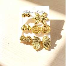 French Retro Golden Earrings, Luxury Elegant Petal Spiral Earring Set - Gold - View 2