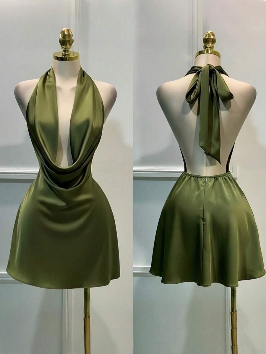Vestido mini de verano con cuello en V profundo, espalda descubierta y drapeado de satén francés, perfecto para citas, San Valentín, vacaciones, bodas y fiestas de cumpleaños. - Verde Oscuro - Ver 1