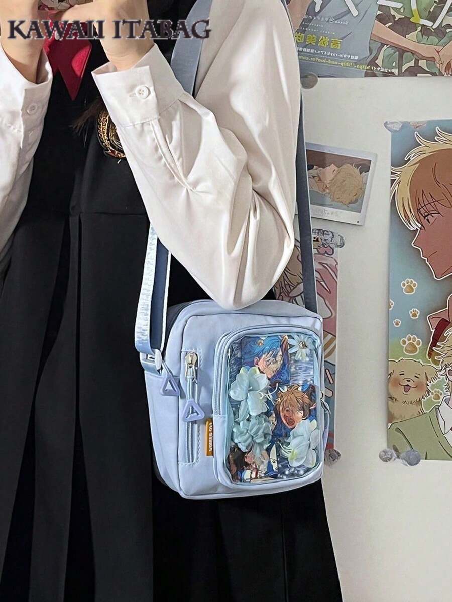 韓系迷你休閒透明口袋小女款斜背包 手機包 Y2K DIY 包 - 藍色 - 查看 1