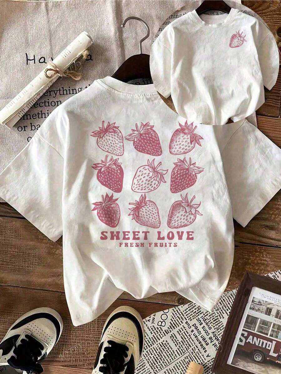 Camiseta casual de mujer de manga corta y cuello redondo con estampado de letra y fresa, ideal para el verano - Blanco - Ver 1