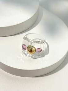 Y2K透明树脂戒指，宽版金属珠心形水钻戒指，朋克风叠戴戒指 - 彩色 - 查看 14