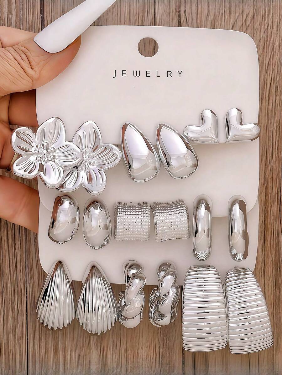 Juego de 3-9 pares de pendientes de mujer de alta calidad con baño de plata, que incluye elementos de flor, aro y en forma de corazón. Pendientes versátiles y vintage, adecuados para uso diario, banquetes, citas, regalos (regalo de alta calidad para amigos, familia, hermanas) y fiestas. - Estilo 1 - Ver 1