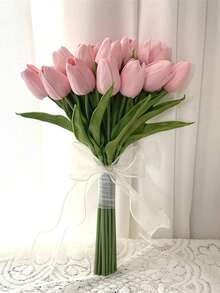 Textura realista, adecuada para novia/dama de honor de boda, ramo de novia artificial de tulipanes blancos y rosa caramelo hechos a mano, accesorios de boda, decoración para el hogar, fiesta de boda, Día de San Valentín - Blanco - Ver 4