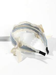 1件装女士蓝色格子法式复古蕾丝蝴蝶结发箍，宽檐发圈，适合日常、度假和派对佩戴 - 彩色 - 查看 4
