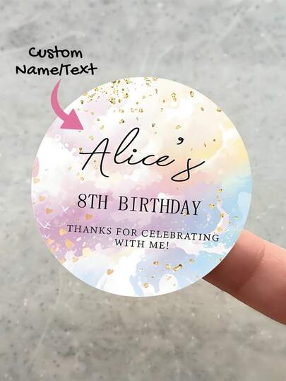 24pcs Customized "Watercolor Birthday" Round Stickers, Personalized Content (Such As Name, Date, Etc.). Displaying Pastel Watercolor Background With Gold Accents. Suitable For Birthday Parties, Event Gifts, Decorations, And Gifts For Children.