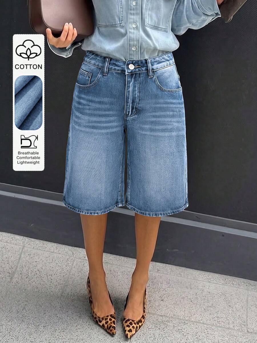 Quần short Bermuda denim nữ dáng rộng, cạp thấp, thoải mái và đa năng, thích hợp mặc hàng ngày vào mùa hè. - Rửa trung bình - Xem 1