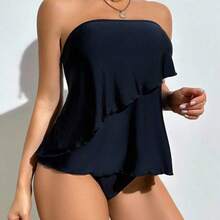 Swim Lushoire Elegant Ruffled Hem Women Tankini Set Summer - Negro - Ver 6