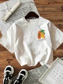 [Women's Printed T-Shirt] Spring And Summer Fashion Women's Top - Double-Sided Print, Illustrated Style, Papaya Fruit Print, Round Neck Short Sleeve T-Shirt - Ladies T-Shirt - White - View 2
