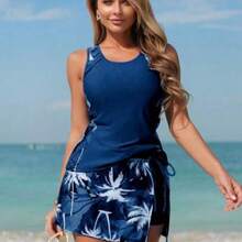 Swim Lushoire Women Beach Vacation Fashion Printed Concealing Flattering Swimsuit Set For Summer - Azul Marino - Ver 1