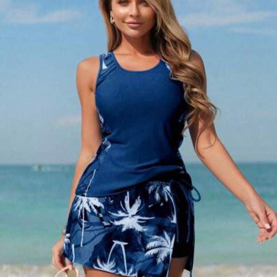 Swim Lushoire Women Beach Vacation Fashion Printed Concealing Flattering Swimsuit Set For Summer - Azul Marino - Ver 1