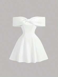 Vestido mini de fiesta rojo elegante para mujer, con diseño de hombros descubiertos, corte entallado favorecedor y falda amplia.Decorado con lazo frontal y adornos de perlas delicadas, ideal para citas y ocasiones especiales. - Blanco - Ver 1