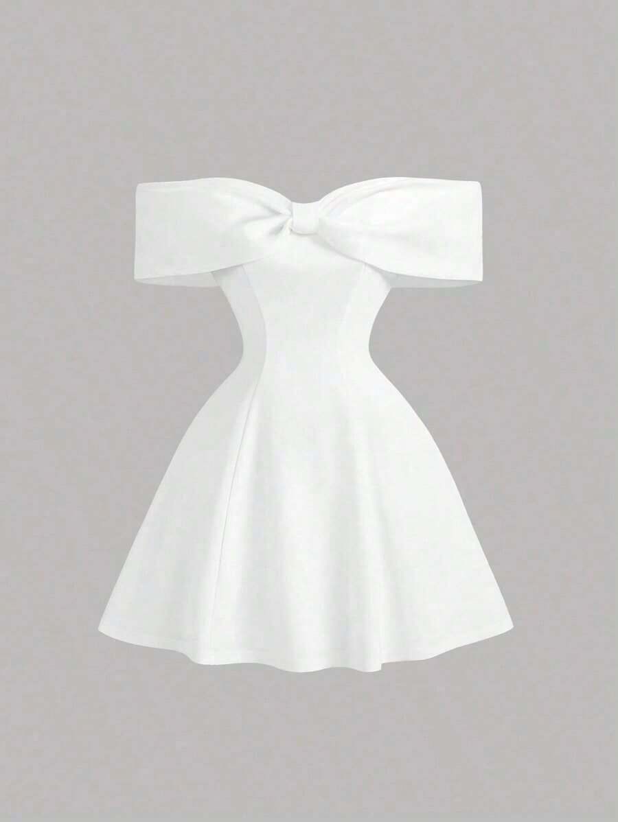 Vestido mini de fiesta rojo elegante para mujer, con diseño de hombros descubiertos, corte entallado favorecedor y falda amplia.Decorado con lazo frontal y adornos de perlas delicadas, ideal para citas y ocasiones especiales. - Blanco - Ver 1