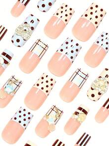 Upgrade Your Look With Y2K Style! Transform Your Nails With 24pcs Medium Square Shape Press-On Fake Gel Nails Fashionable And Cute Style Blue And Yellow Color Blocking Polka Dots French Stripes Luxurious 3D Metallic Rhinestone Heart Shaped Key And Lock Press On Nails - Multicolor - View 4