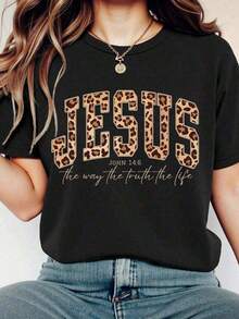Camiseta Fresca de Verano Casual Vintage con Estampado de Leopardo y Estampado de Jesús, Camiseta Casual de Moda - Negro - Ver 7