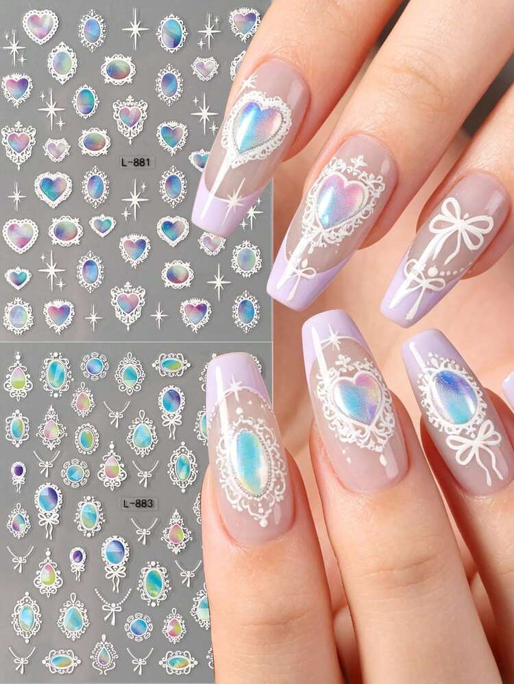 FULL BEAUTY 炫彩极光复古蕾丝波西米亚图腾宝石美甲贴纸蝴蝶结心形镜面项链巴洛克宫廷风格Y2K美甲用品，适合女性和女孩DIY美甲、婚礼美甲装饰配件 - 彩色 - 查看 10