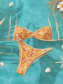 Women's Spring/Summer New Ditsy Ditsy Floral Reversible Padded Bandeau Bikini 2-Piece Set - Multicolor - View 2