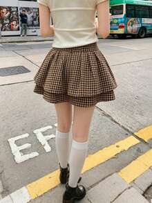 Chân váy ngắn kẻ caro kiểu mới dành cho nữ - Màu Khaki - Xem 6