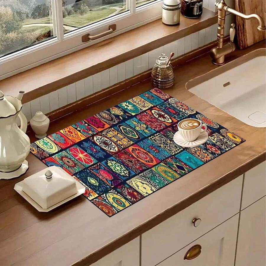 1pc Bohemian Pattern Printed Kitchen Counter Dish Drying Mat, Super Absorbent, Hides Stains, Rubber Backed Multi-Purpose Dining & Kitchen Pad, Suitable For Coffee Maker, Dish Rack, Coffee Station - HL 611 - View 1