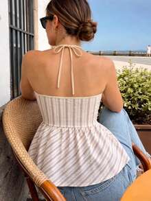 女士条纹吊带背心，荷叶边喇叭下摆和荷叶边细节，聚酯纤维，无弹力，常规长度 - 白色 - 查看 3